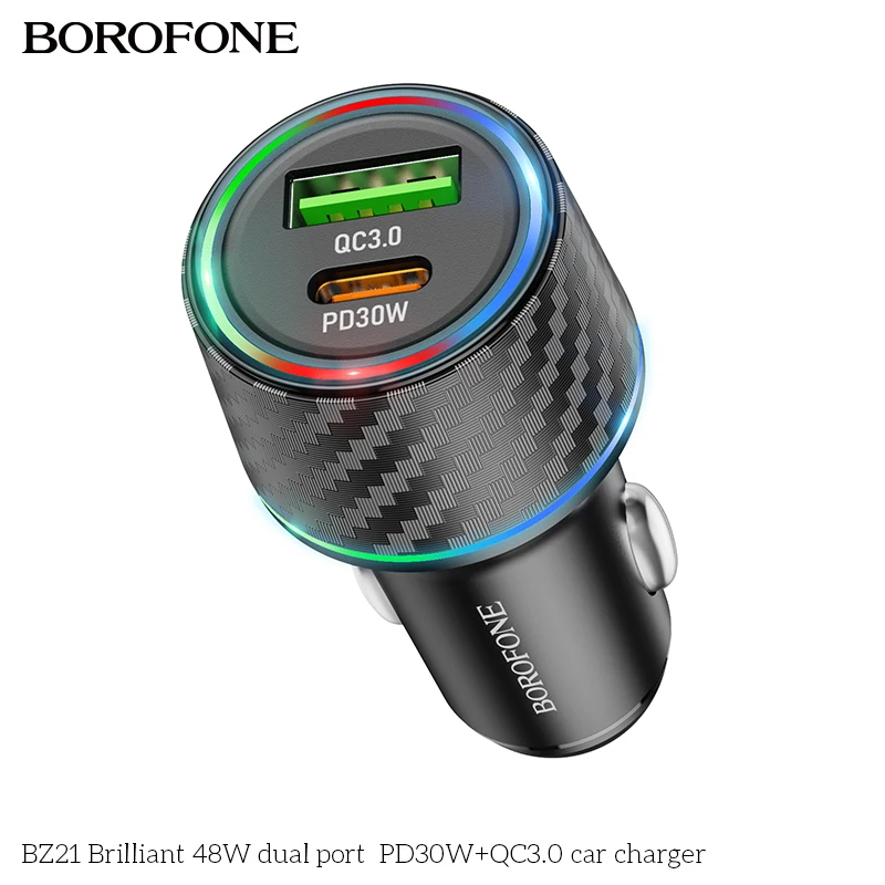 

BOROFONE BZ21 USB Car Charger 30W Quick Charge 4.0 QC4.0 QC3.0 PD Type C Fast Car USB Charger For iPhone 15 Xiaomi Mobile Phone