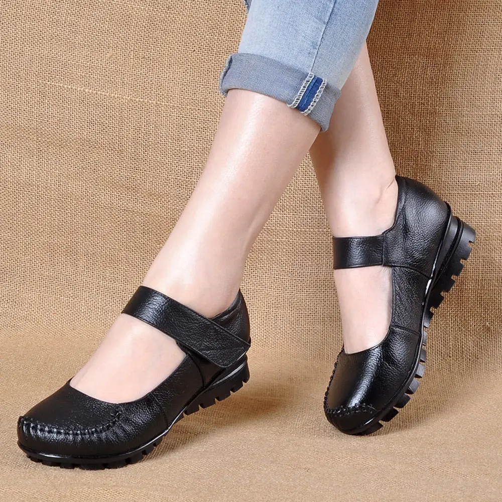 Woman Moccasin Thick Shallow Shoes Women's Loafer Mary Jane Flats Student Black Leather Uniform School Shoes Nurse Comfort Flats