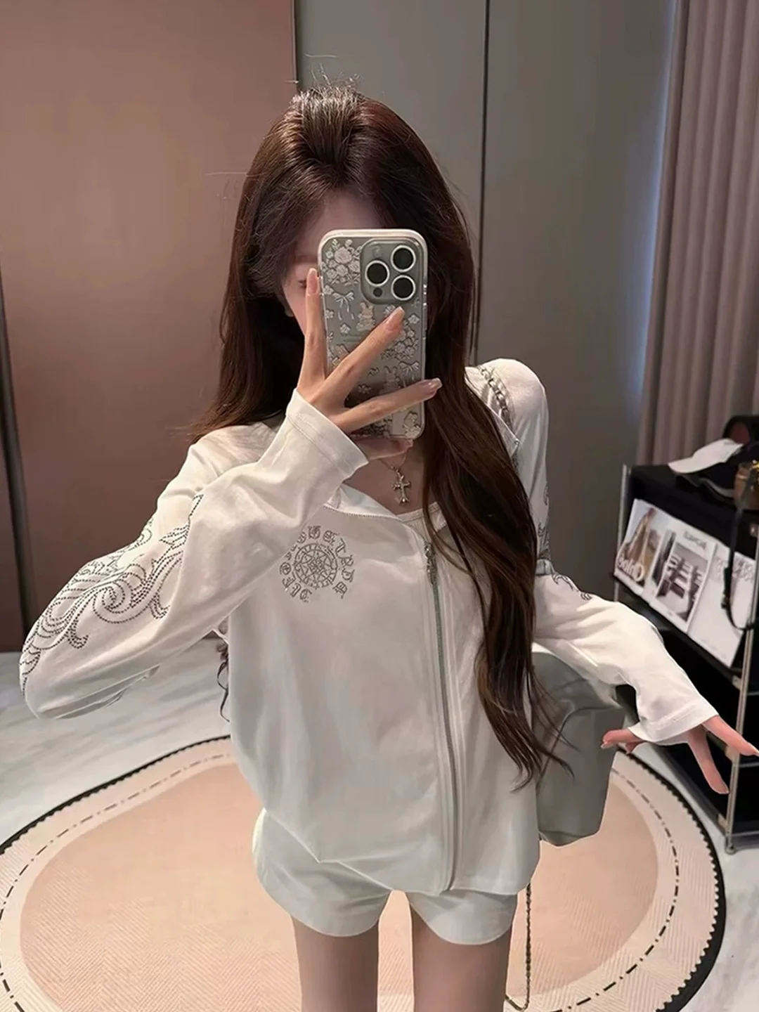 Fashionable Summer Women's Sun Protection Shirt Diamond Embellished Stand Collar Lightweight Breathable Design Geometric Pattern
