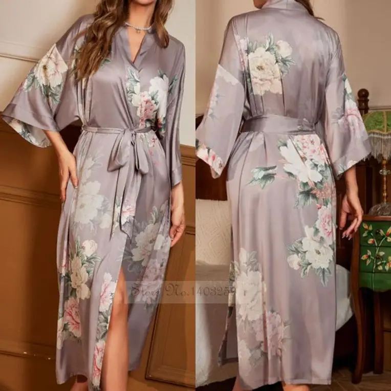 Print Flower Kimono Bathrobe Gown Sleepwear Spring Summer Women Long Robe Nightgown Loose Casual Silk Satin Home Dressing Gown