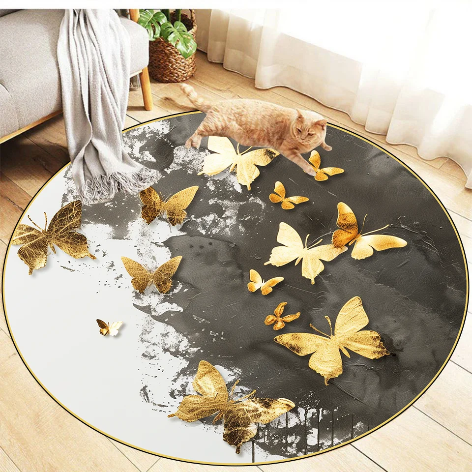 Modern Light Luxury Round Rugs Home Abstract Butterfly Pattern Carpets Living Room Sofa Side Foot Mat Bedroom Bedside Soft Rug