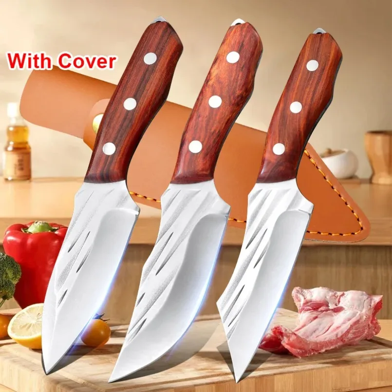 Ausbeinmesser mit Holzgriff, Edelstahl-Küchenmesser, Metzgermesser, Kochmesser, Gemüseschneider, Fleischbeil zum Kochen mit Scheide