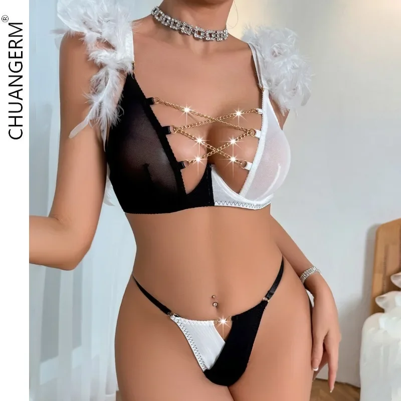 

CHUANGERM Feather Sexy Erotic Lingerie Chain 2-piece Black White Contrast Women's Underwear Transparent Bra Sensual Intimate Kit