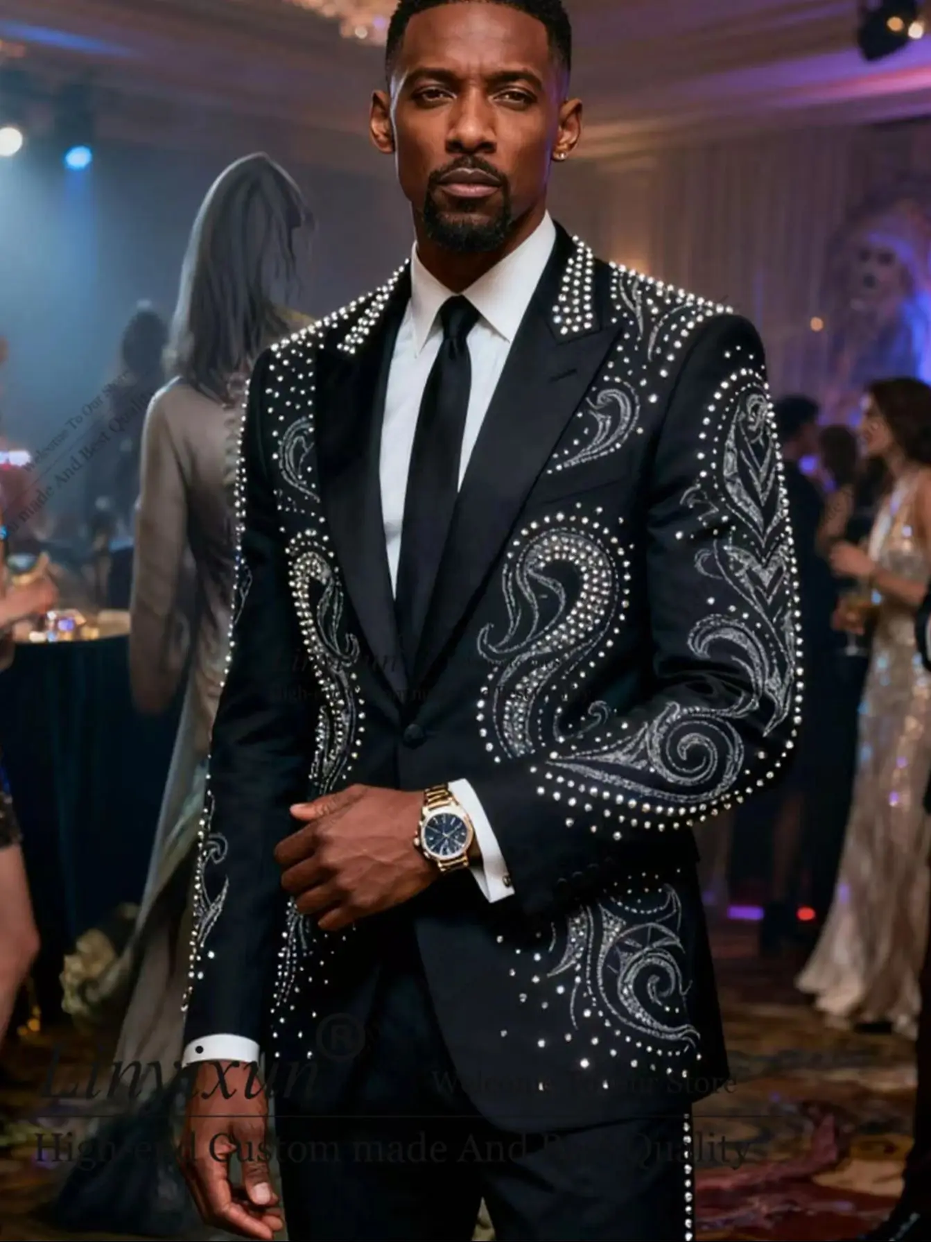 

Elegant Beaded Crystals Tuxedos Men Suits 2 Pieces Sets Wedding Groom High End Costume Homme Customized Male Party Prom Blazers