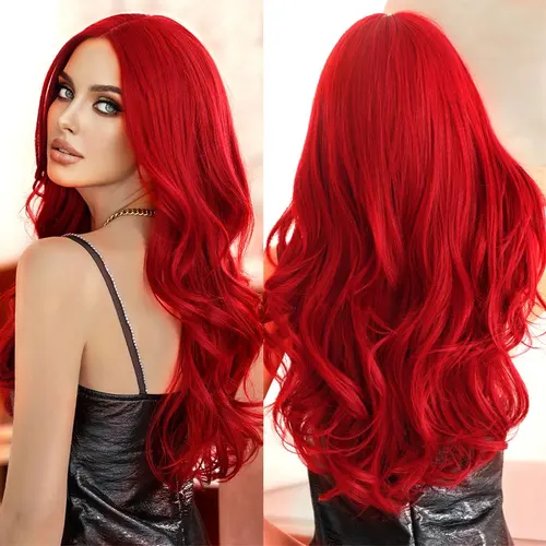 Imagen 2 del producto Peluca roja con flequillo ondulada sintética sirena roja peluca rizada larga Cosplay pelucas de disfraz de Halloween para mujeres