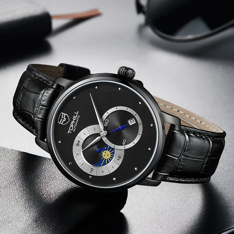 ساعة توفيل للرجال حركة أوتوماتيكية 42 ملم هيكل من الفولاذ المقاوم للصدأ كريستال الياقوت الفرقة الجلدية الثانية الصغيرة مرحلة القمر