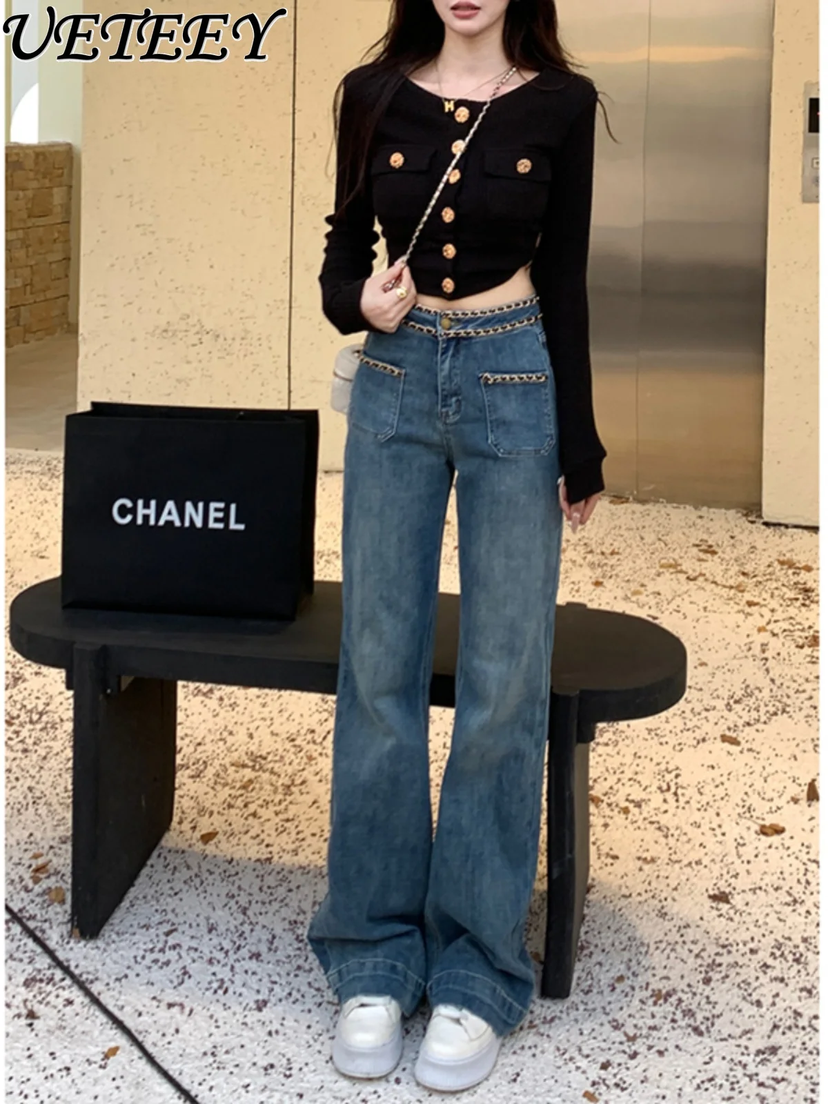 Fleece Chain Decorative Straight Denim Pants Women's Autumn New High-waisted Thin Elastic Versatile Wide-leg Loose Jeans