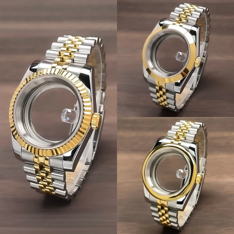 39mm NH35 Case Fluted Bezel DJ 2Tone Gold Sapphire Glass Modification Parts Fit NH35 NH36 Movement Stainless Steel Watch Case