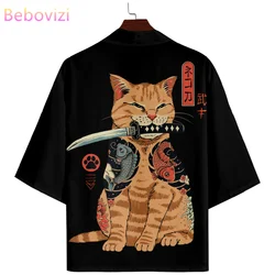 Fashion Japanese Tattooed Cat Samurai Print Kimono Japanese Traditional Men Women Cardigan Haori Shirt Streetwear Cosplay Tops