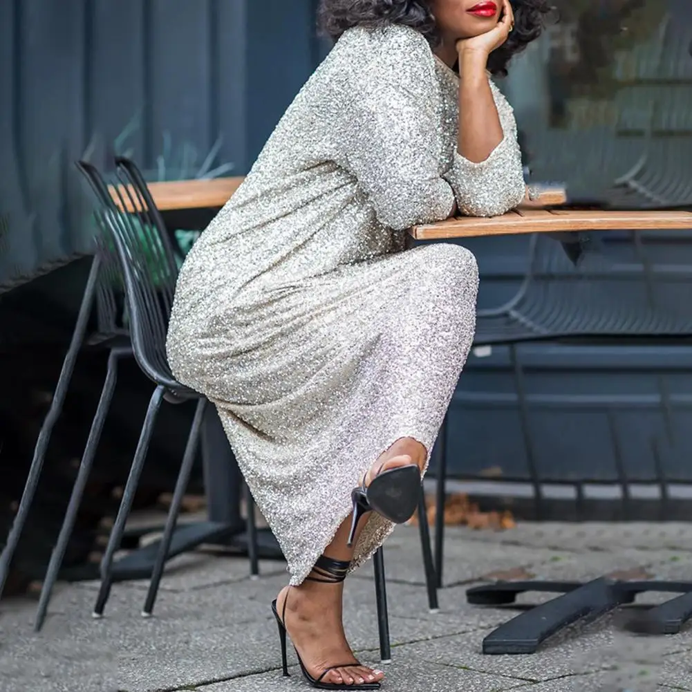 Vestido feminino oversized o pescoço brilhante lantejoulas três quartos manga tornozelo comprimento macio pulôver elegante estilo de viagem senhora maxi vestido