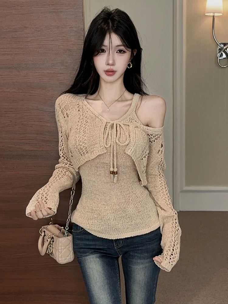 Sexy Slim Fit Knitted Short Open Cardigan Hollow out Base Layer Top Two Piece Set for Women Casual Wear Autumn Spring Season
