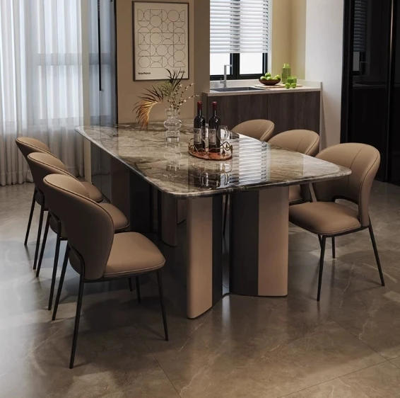 Set Stainless Steel & Marble Modern Extendable Design for Luxury Apartment Clubs High-End European French Noble Dining Table