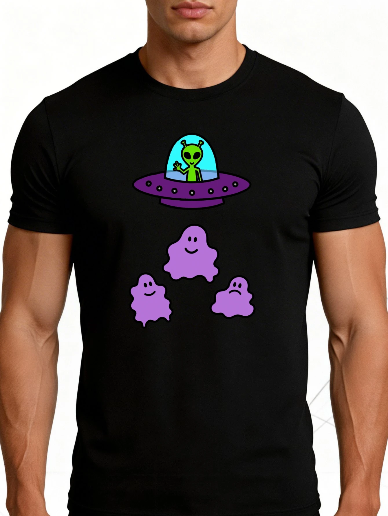 Men's Graphic T-Shirt - Breathable, Soft, Lightweight - Alien Ufo Purple Ghost Smile - Retro Fun Graphic Casual Short Sleeve Summer Top, Gift for Him