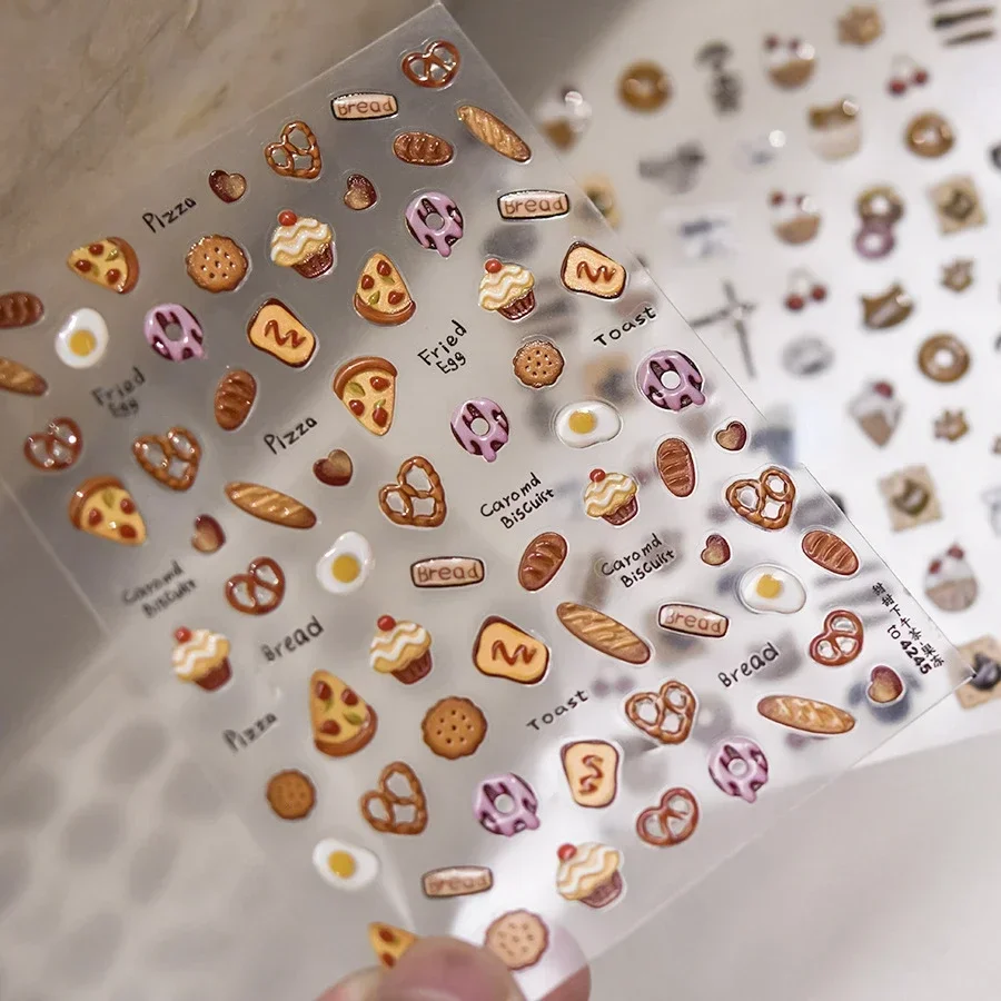 Niedliche Spiegelei Donut Pizza Kuchen Brot Keks Essen Bär Hund Katze Herz Cartoon geprägt Relief Nail Art Aufkleber Maniküre Aufkleber