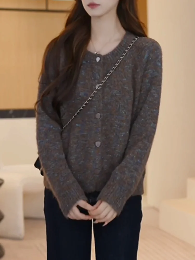 

Korean Sle Lazy Sweater Cardigan Women's Loose Slimming Design round Ne Knitted Outerwear Autumn Winter Warmth Heating