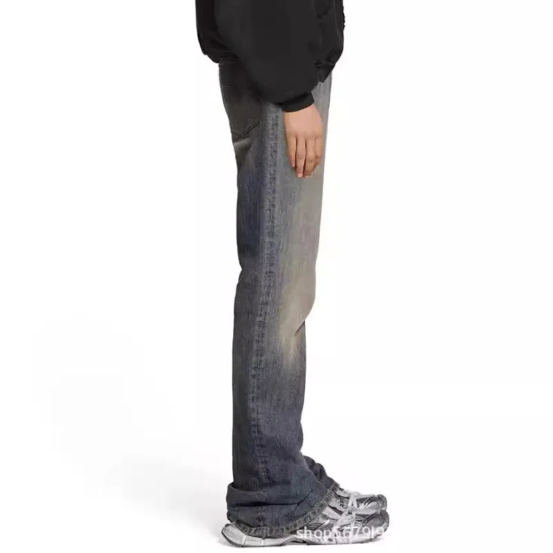 MWJLPWQ Vintage Independent Bootcut Cotton Jeans For Men Washed Dirty Design Streetwear Slimming Fit Flared Trousers Chic 11116