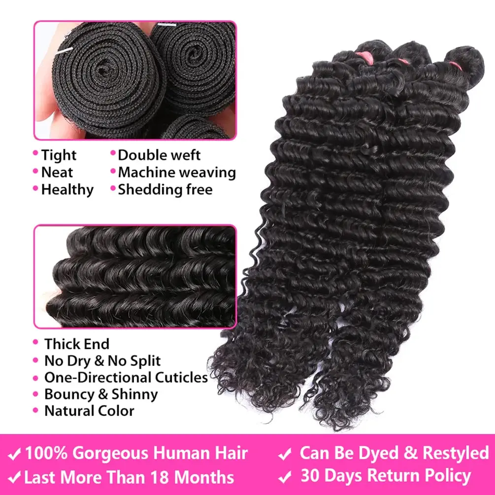 2/3/4 Bundles Human Hair 10A Brazilian Virgin Curly Human Hair Bundles Double Weft Deep Wave Bundles Natural Black Color