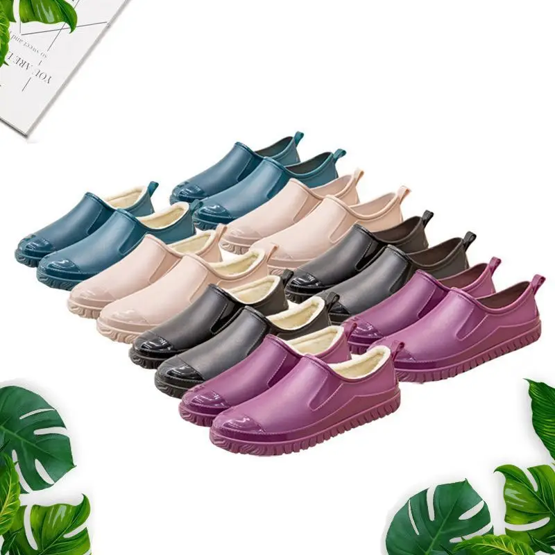

Thickened New Women's Rain Boots Spring Autumn Short Tube Slip-On Waterproof Anti-slip Fleece Warm EVA Material PVC Upper