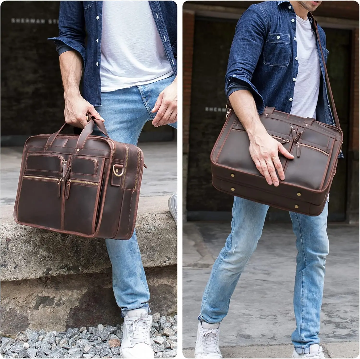 Men's Full Grain Leather Briefcase Large 17 Inch Business Travel Laptop Messenger Bag Tote with YKK Metal Zippers