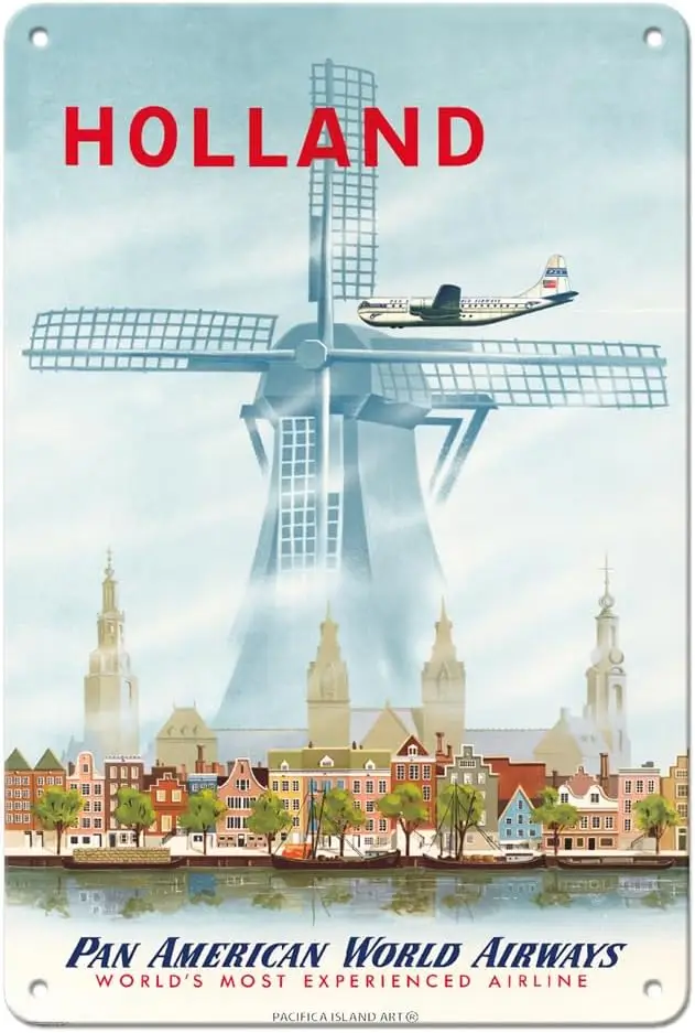 1p,Holland - Netherlands Dutch Windmill - Pan American World Airways - Vintage Airline Travel Poster 1951-ch Vintage Metal Tin S