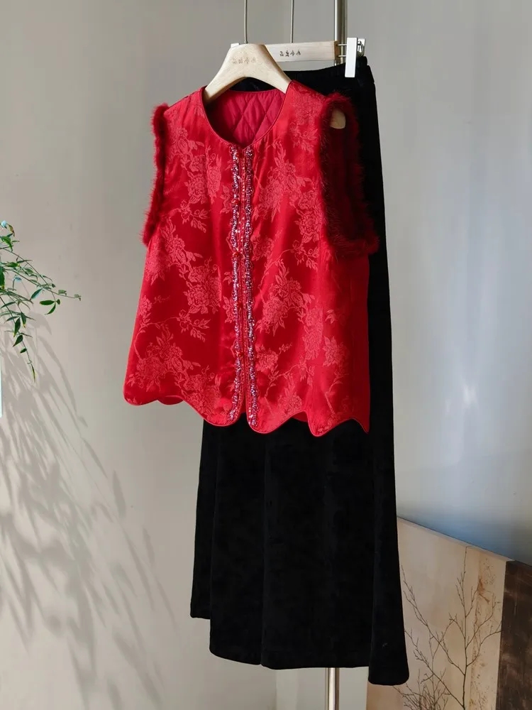 Red New Year Women's Outerwear Cotton Vest Chinese Sle Autumn Winter New Faion High-End Sensation Streetwear Polyester