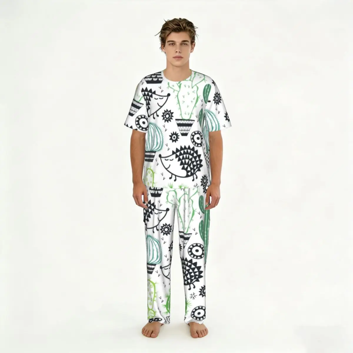 

Men's short-sleeved pajamas two-piece trousers Cactus Cartoon Hedgehog Animals Saguaro And Prickly Pear home wear suit sleepwear