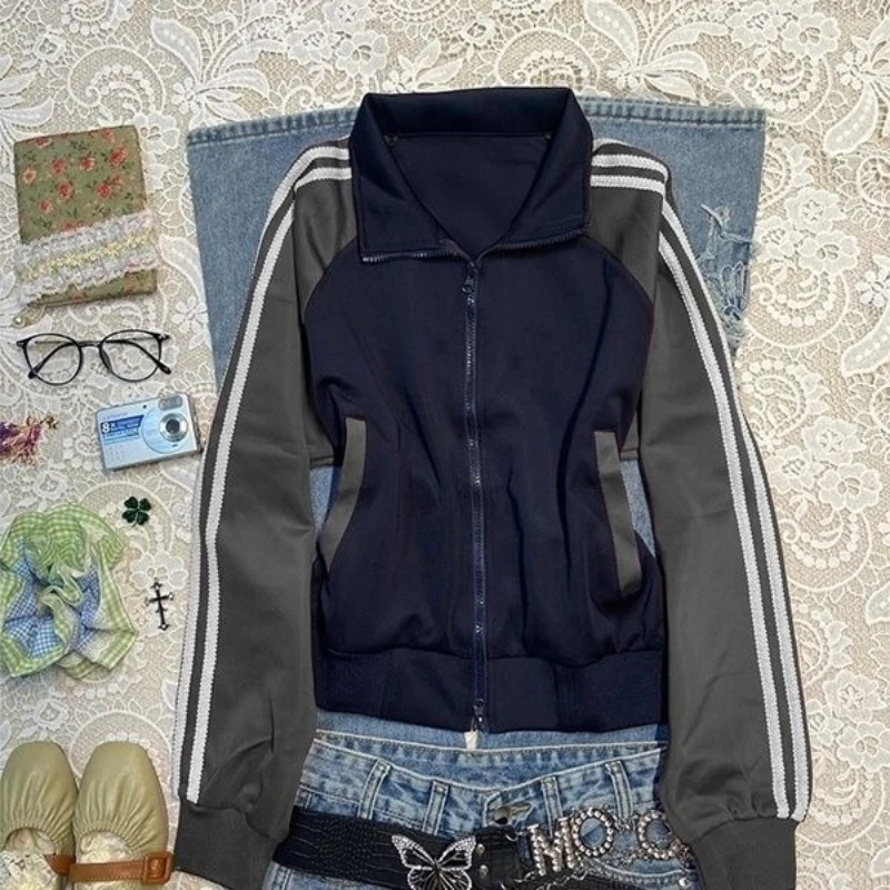 ديبتاون خمر Y2k النساء سترات للعبة البيسبول Harajuku مخطط المرقعة سستة معاطف الكورية نمط رياضي سترات كبيرة الحجم غير رسمية