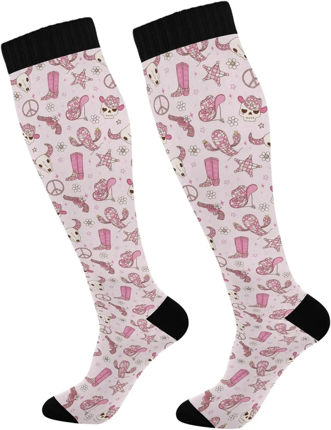 جوارب ضغط راعية البقر من ديسكو للنساء والرجال، جوارب طويلة وردية اللون للرياضية مطبوعة مقاس واحد #2