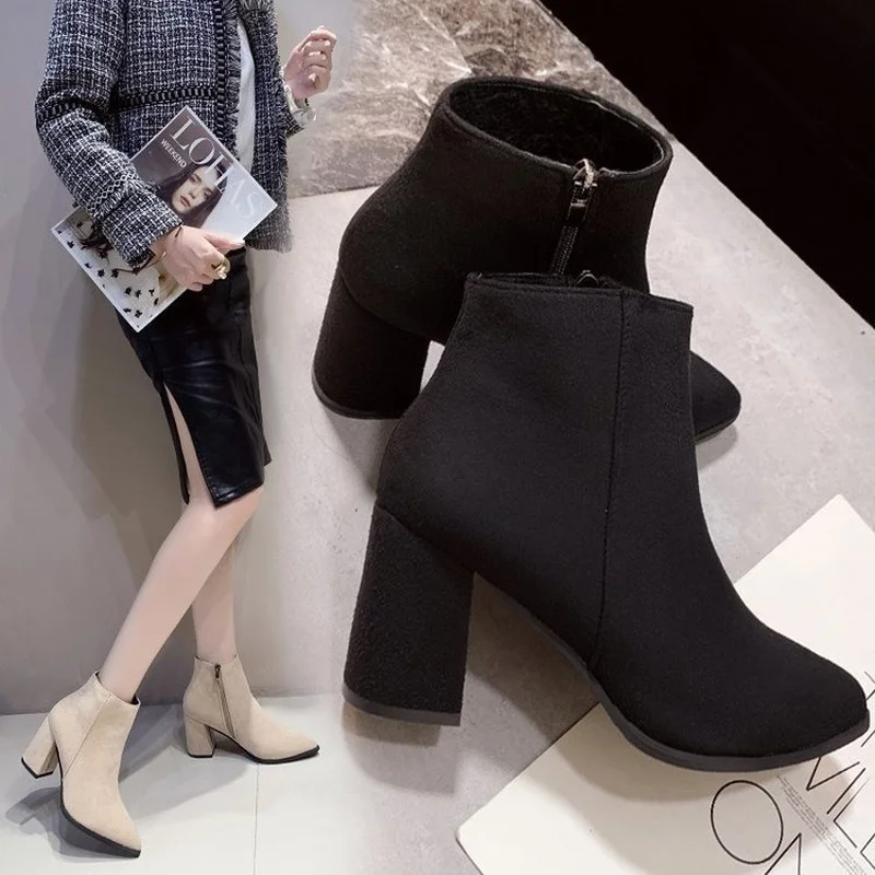 High Heel Ankle Boots Women\'s Winter 2024 New Side Zipper Suede Pointed Head Korean Shoes Ladies Fashion Thick Heels Beige Black