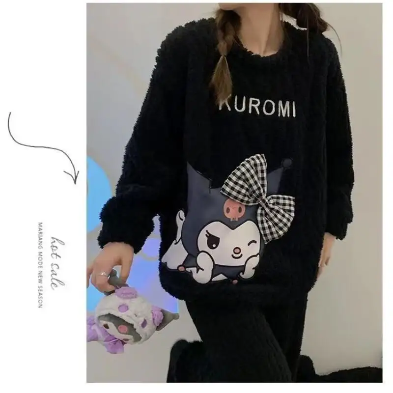 

Sanrio Hot Products Pajamas Kuromi Autumn and Winter Home Clothes Coral Velvet Round Neck Plus Velvet Thickened Cartoon Set Hot