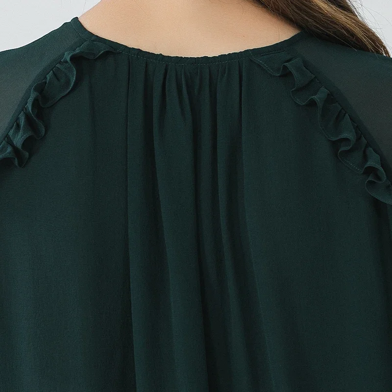 Voa malaquita verde dupla camada georgette amoreira gravata meia gola aberta lanterna manga longa solto vestido de seda casual ae1670