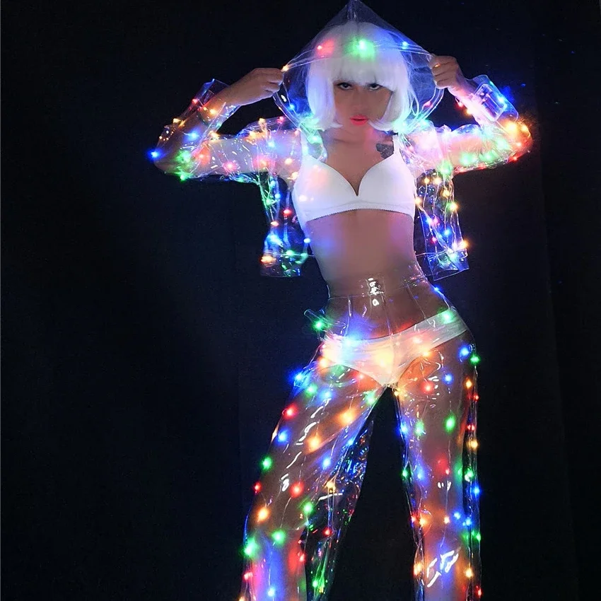 

LED Rave Outfit Luminous Transparent Dance Costume Women Nightclub Gogo Dancer Singer Stage Performance Light Up Clothing DJ