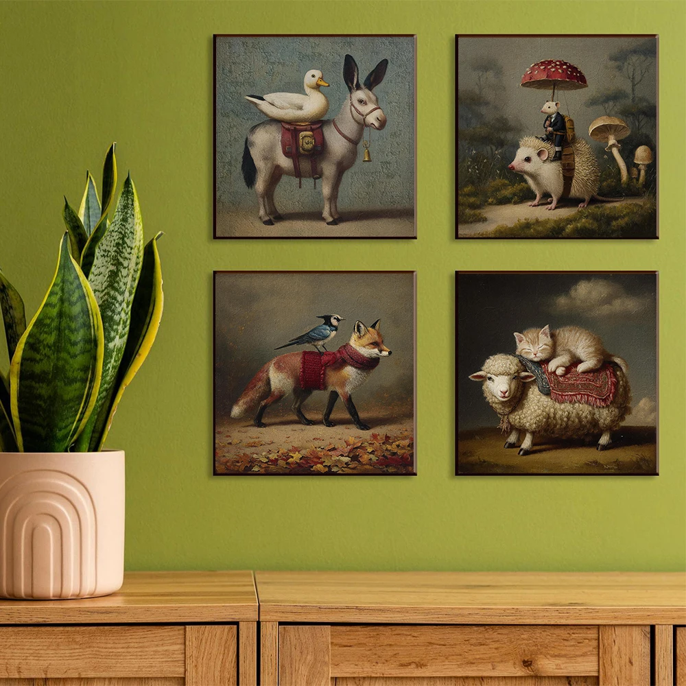Vintage Animal Portrait Gothic Style Ostrich Chicken Elephant Funny Fantasy Poster Canvas Paintings Wall Art Pictures Home Decor
