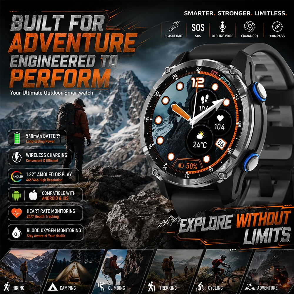 

2026 HD350 Pro Mens Sports Smart Watch HD Call Compass Altimeter 1.32 Inch AMOLED Display GPS 3ATM Waterproof Various Sport Mode