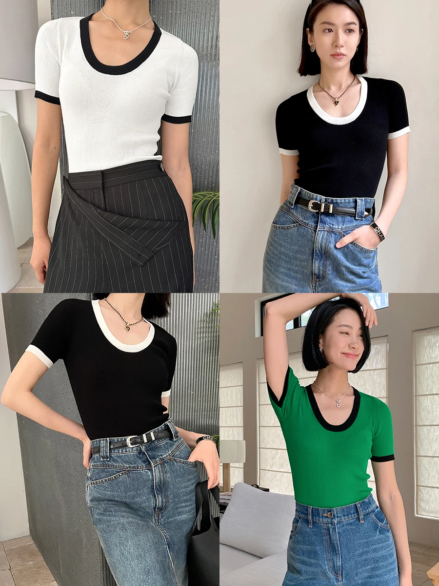 

Amyy Studios Summer Cool Feeling Knitted T-irt ort Sve Color Blo Design Low round Ne Pullover Slim Fit Faionable