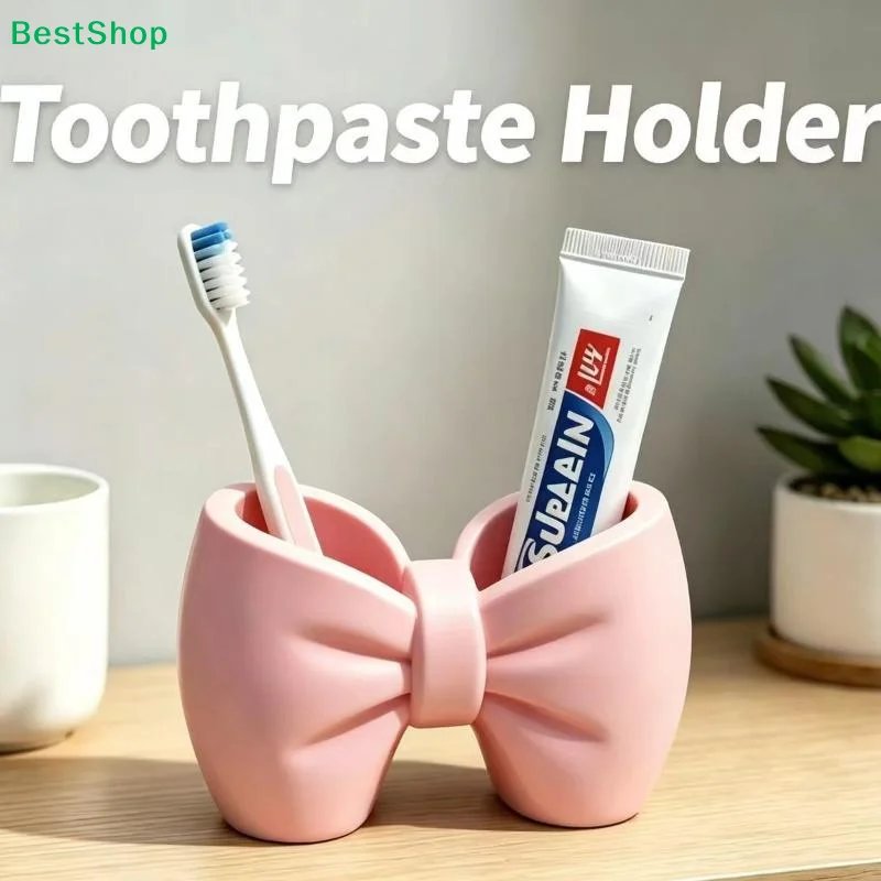 ★Bow Toothbrush Holder Cute Bathroom Organizer Plastic Desktop Storage Cup For Toothpaste Makeup Brushes Pens