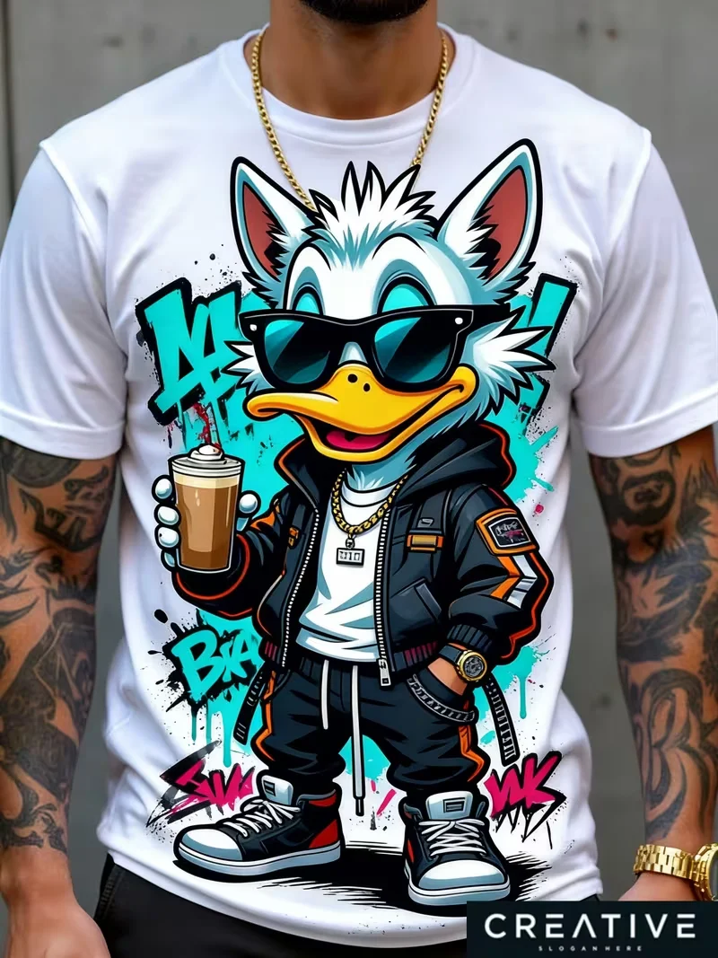 Mens T-shirt cool cartoon duck character sunglasses coffee graffiti splash letter print short sleeve crew neck street casual top
