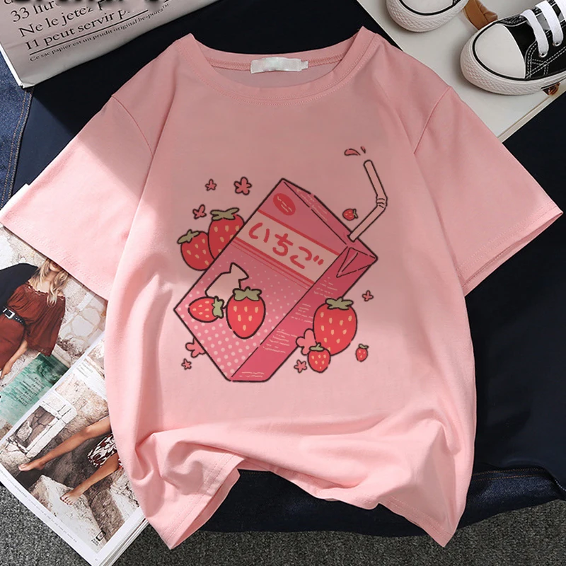 Funny Japan Strawberry Juice Graphic Print T-shirt Women Summer FashionTshirt Tee Harajuku Aesthetic Pink Top Female T Shirt