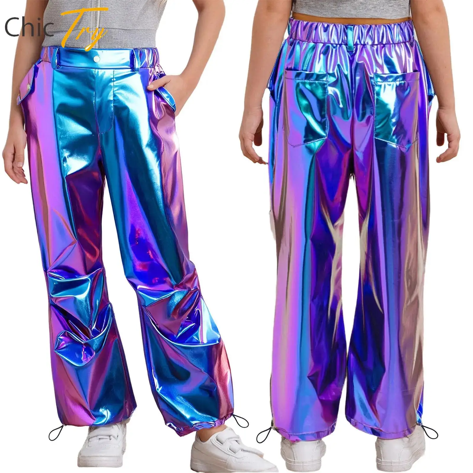 

Kids Girls Fashion Metallic Cargo Pants Drawstring Leg Opening Trousers for Modern Hip Hop Street Dancewear Jazz Dance Costumes