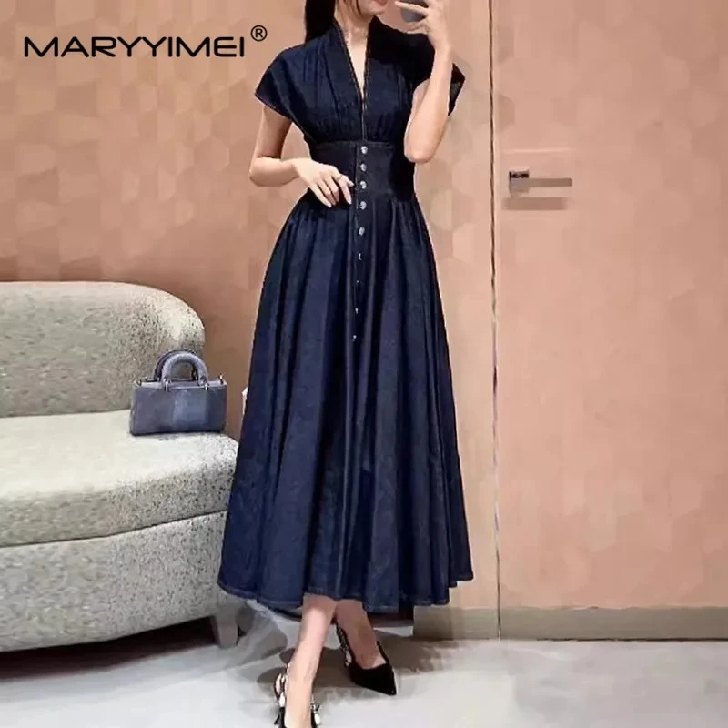 MARYYIMEI Fashion Designer Spring Summer women\'s Cotton Short Sleeve Single-Breasted Folds Streetwear Dark Blue Denim Dresses