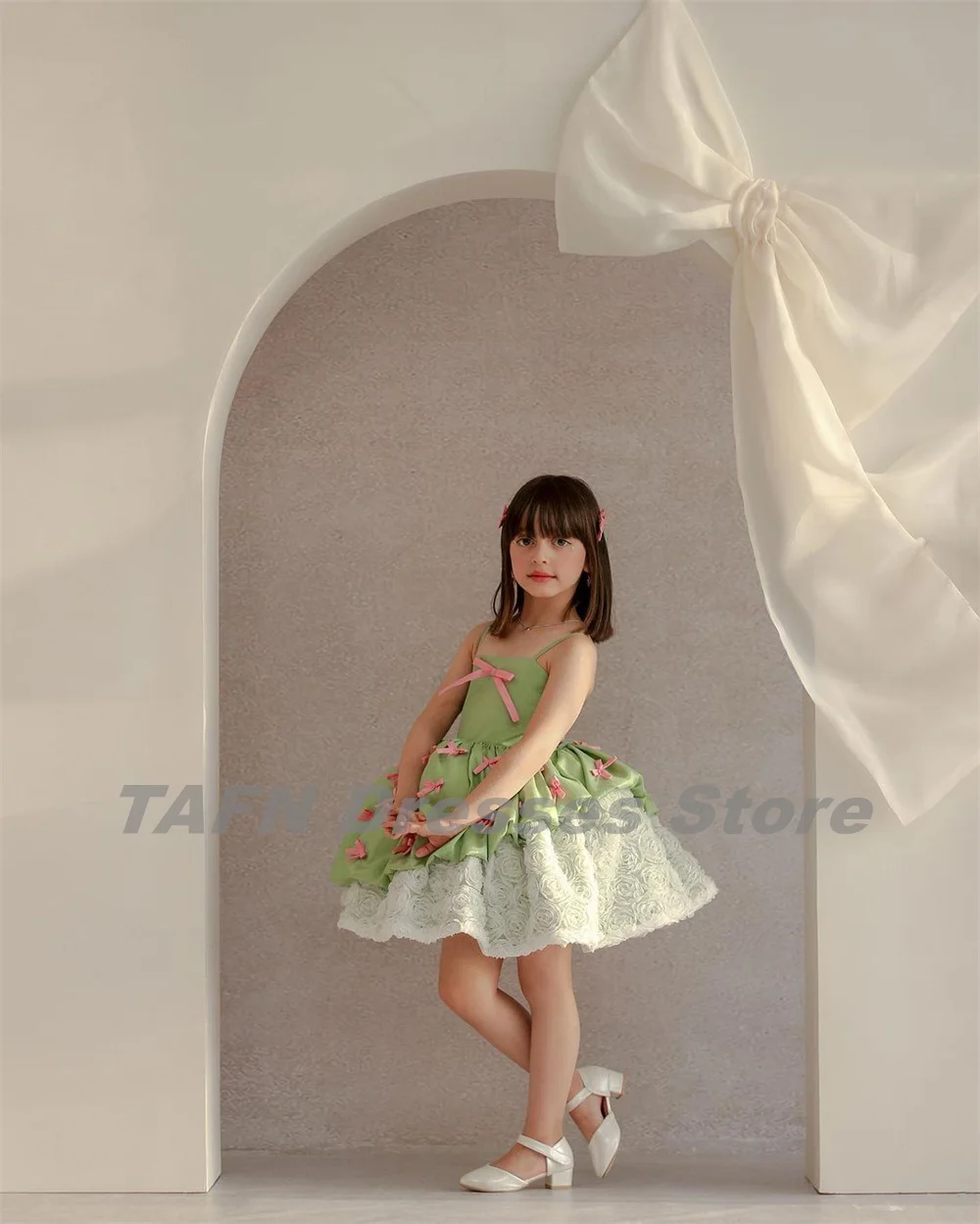 TAFN A-line Girl Evening Dresses Spaghetti Straps Bow Floral vestidos para niñas Mint Green Children Party Mini Ball Gown