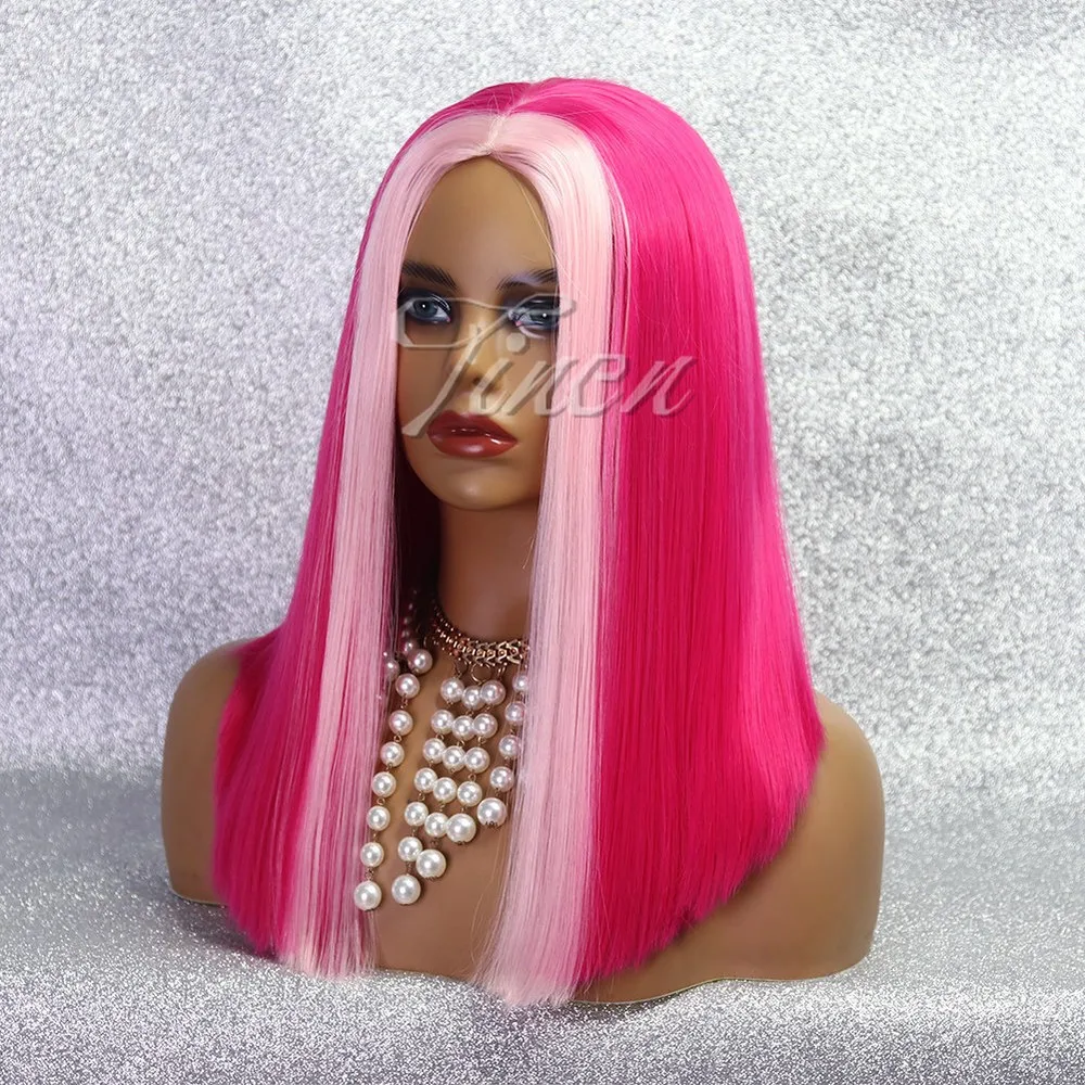 Hot Pink Bob with Baby Pink Highlights No Lace Synthetic Wig Short Straight Wigs