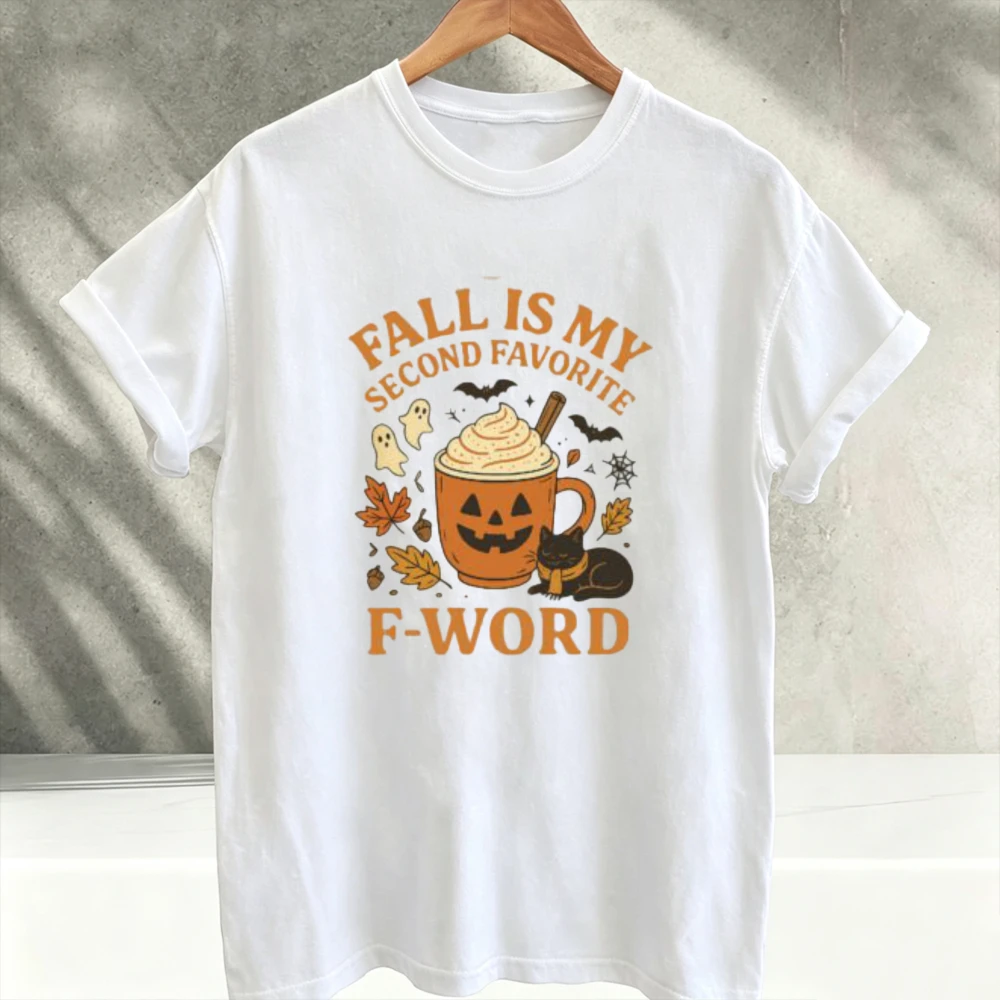 Fall Is My Second Favorite F‑Word Graphic T‑Shirt Men Pumpkin Spice Latte Autumn Ghost Black Cat Print Tee Casual Crew Neck Tops
