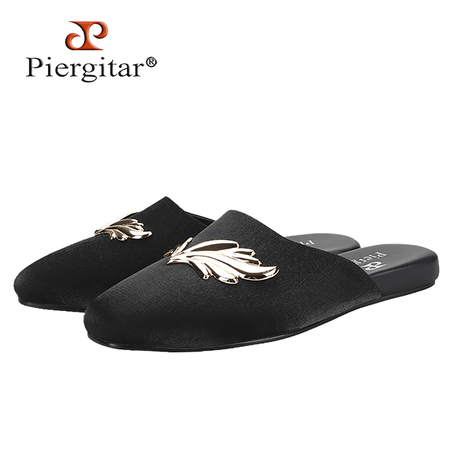 Piergitar 2025 Summer New Style Black And Burgundy Shiny Silk Men's Mules With Wings Metal Buckles Handmade Slip-On Slippers