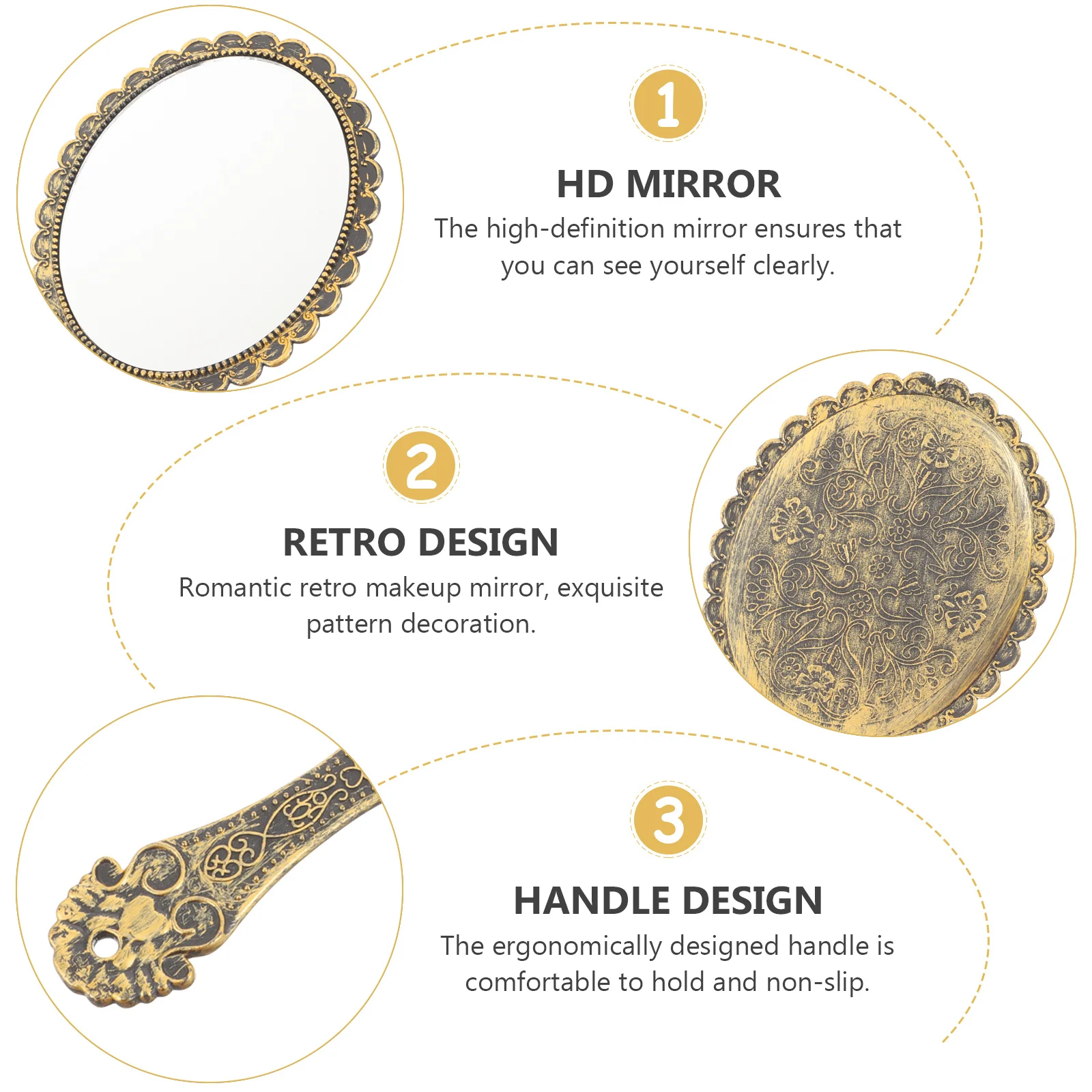 

2Pcs Lightweight Handheld Vintage Makeup Mirror Portable Retro Mirror Embossed Design Anti-Slip Handle Ideal for Vanity