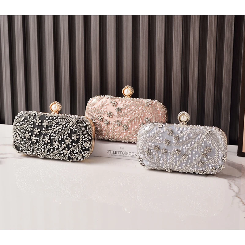 Elegant Pearl-Embellished Evening Clutch Bag Essential Wedding Dinner Purse Hand-applied Rhinestone Glitter Women Party Handbag