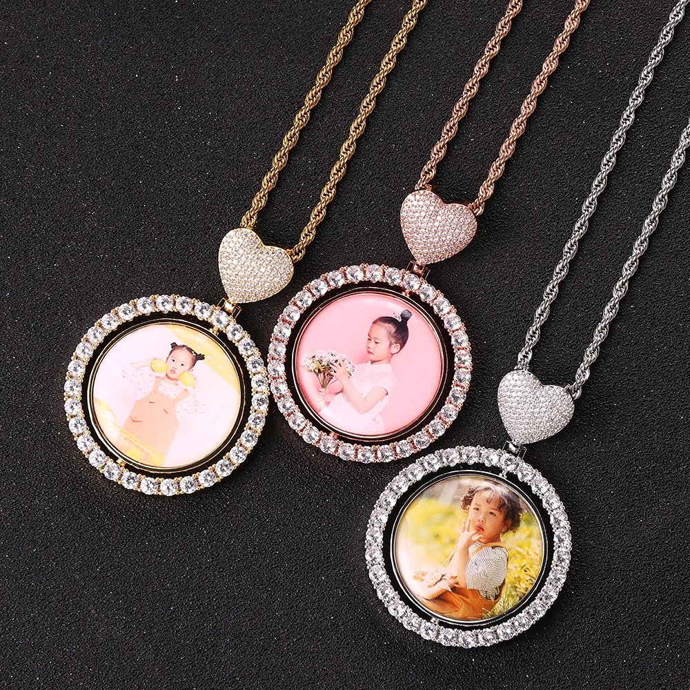 Hip Hop Custom Rotating Round Double Sided Heart Pendant Necklace Cz Memory Photo Pendant Necklace For Women Men