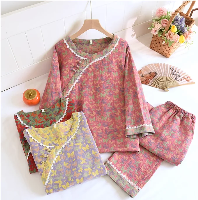 

Женские пижамы с пряжкой в китайском стиле, классическая домашняя одежда из жаккарда в стиле ретро с длинными рукавами