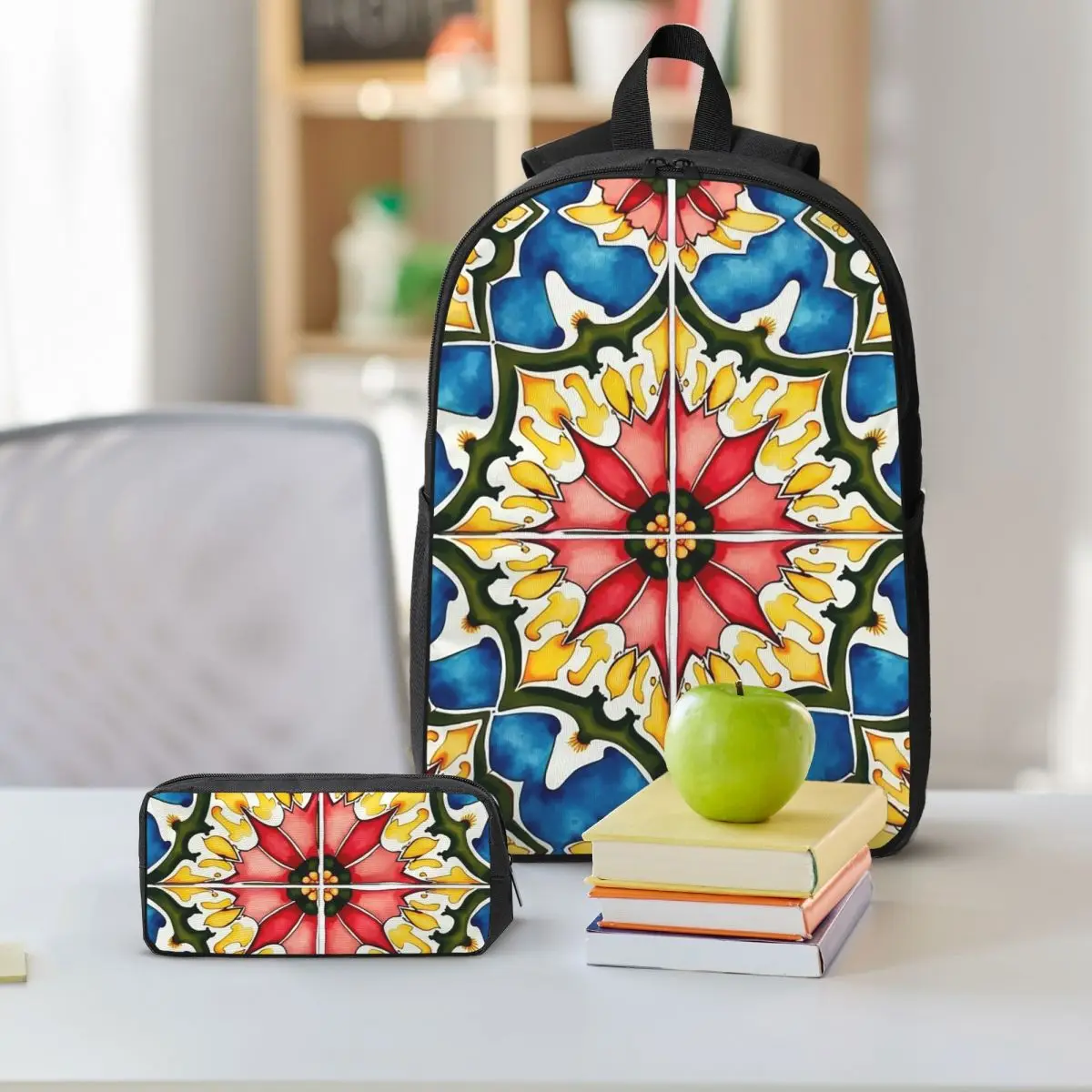 Mediterranean,colorful,vibrant,mosaic Tiles Art 1 Backpack BookBag School Bag Laptop Shoulder Bags 3ps Lunch Bag Pencil Case