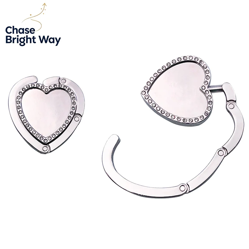 1Pc Bag Hook Portable Folding Bag Hanger Hook Fashion Crystal Heart-shaped Purse Handbag Holder Table Hook Bag Parts Accessories